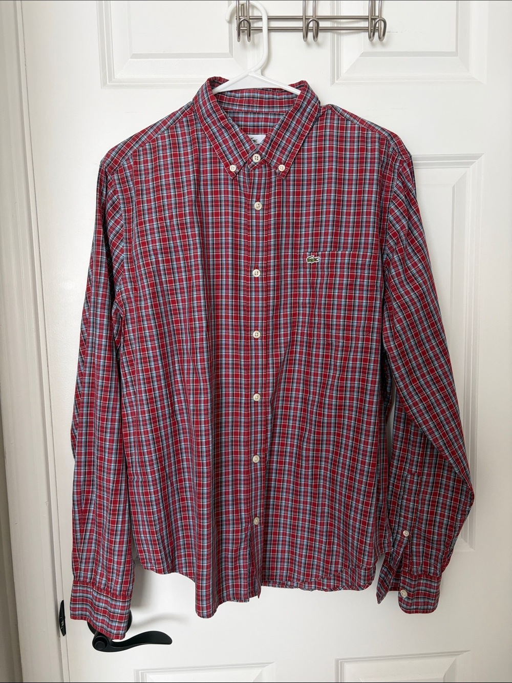 Lacoste Men's Red and Blue Plaid Button-Down Shirt